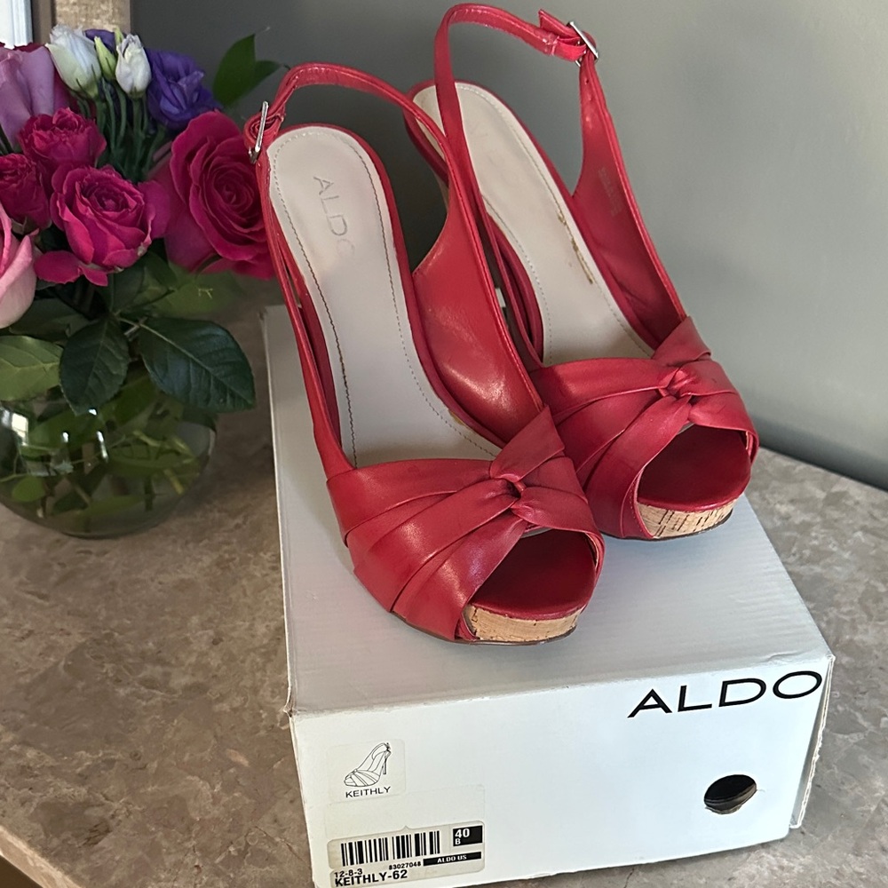 Aldo Red Peep-Toe Slingback Heels - Picture 3 of 7